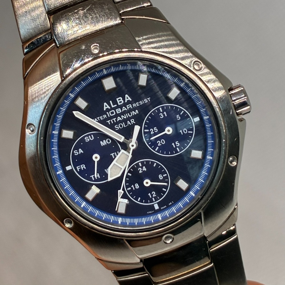 Vintage Seiko Alba Titanium Solar V14J-0AA0 Men Watch Blue Day Date Sport-READ!!